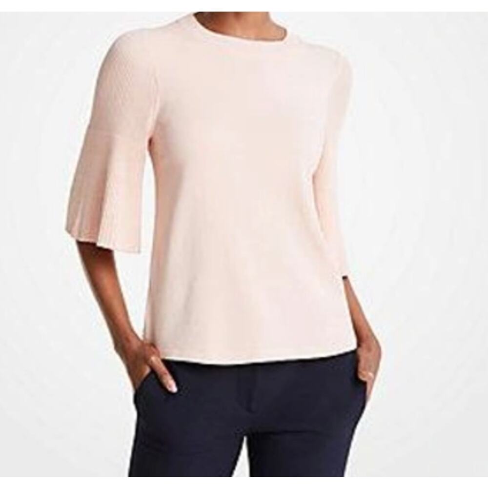 New Ann Taylor  XS Candid Pink Crew Neck Pleated Sleeve Sweater